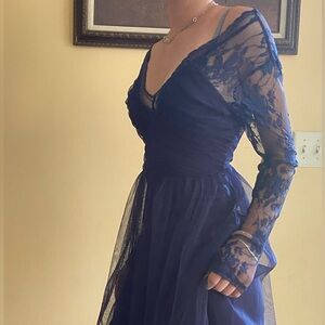 ASOS Blue Long Sleeve Lace Tulle Dress